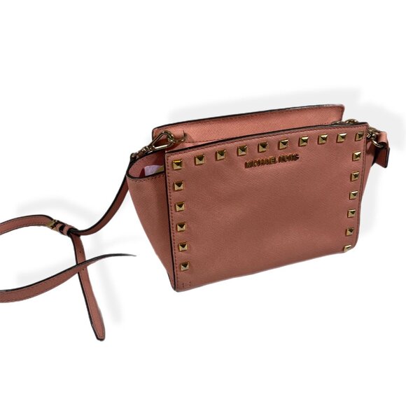 Michael Kors Pink Selma Studded Crossbody Bag Gold Accents Small - Picture 3 of 10